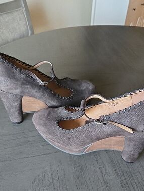 John Fluevog Brown Suede Mary Jane Block Heel Pumps